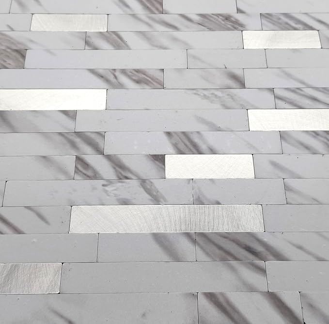 10-Sheet Peel and Stick Backsplash Tile, PVC Mixed Metal Stick on Kitchen, Bathroom Vanities, Fireplace Décor, Laundry Table(White Marble + Silver-2)