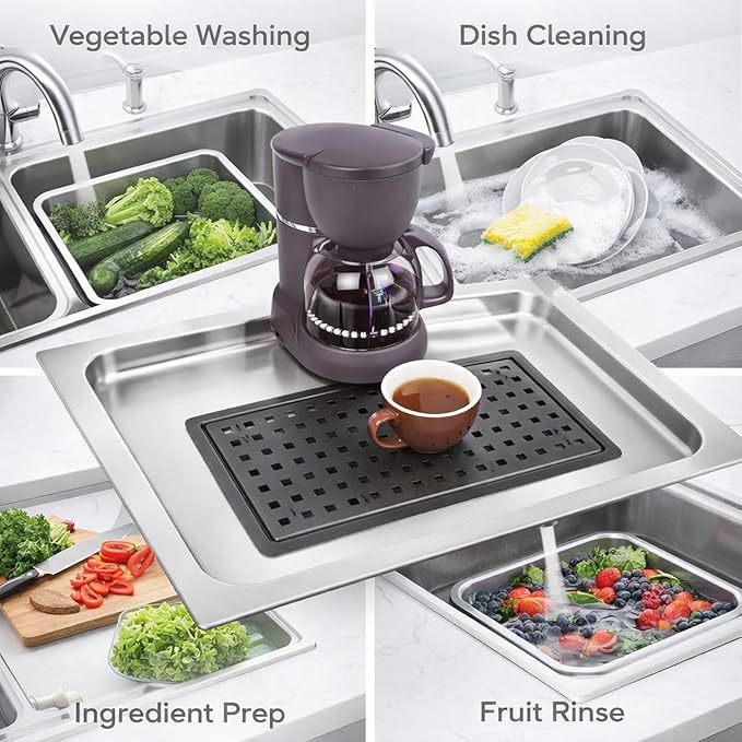 Small Stainless Steel Kitchen Sink with Water Drainage Tray, Black Workstation Basin for Countertop - Slip, Mesh Filtration, Ideal for Apartments and Bars (Black)