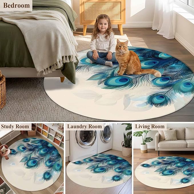Washable Round Area Rug Abstract Animal Art Peacock Feather Circle Rugs Floor Carpet for Living Room Bedroom, Watercolor Blue Eyes Beige Soft Non Slip Round Rug 3ft