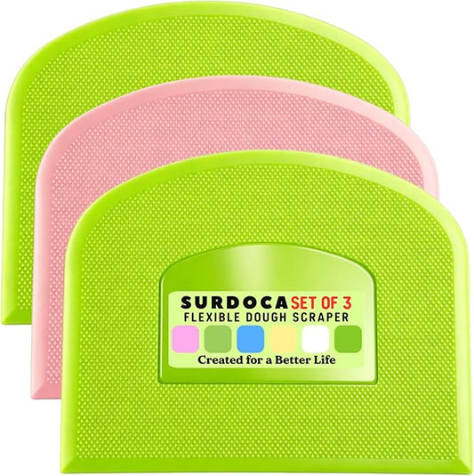 SURDOCA Dough Scraper Bench Scraper - 3P 13x7.9" Plastic Flexible Bowl Scraper, Sharp Edge & Angles Cake Scraper. Non-Slip Bakeware Decorating Tools Sculpting & Modeling Tools - Green+Pink+Green