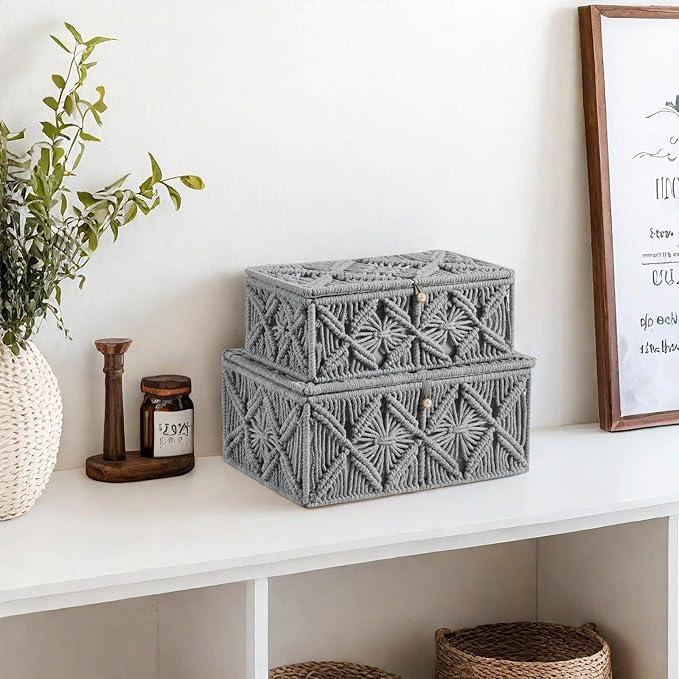 Decorative Boho Storage Baskets with Lid Bohemian Macrame Jewelry Box Handmade Natural Cotton Rope Woven Bins Memory Keepsake Photo Makeup Organizer Shelf Container (Gray, Large)