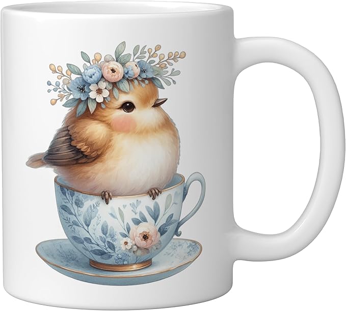 Cute Bird Floral Teacup Illustration Ceramic Mug, White