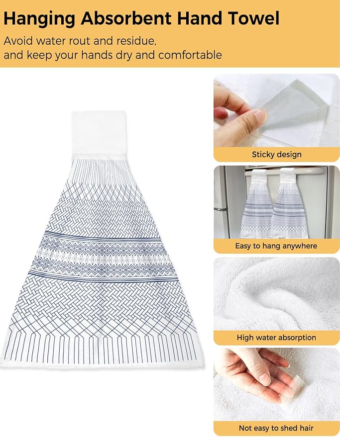 Alandar Home Kitchen Tie Towel Set of 1, Modern Geometric Stripe Art Absorbent Soft Hand Towels for Bathroom Hanging Towels, Minimalist Blue Ombre on White Fast Drying Cleaning Cloth with Loop