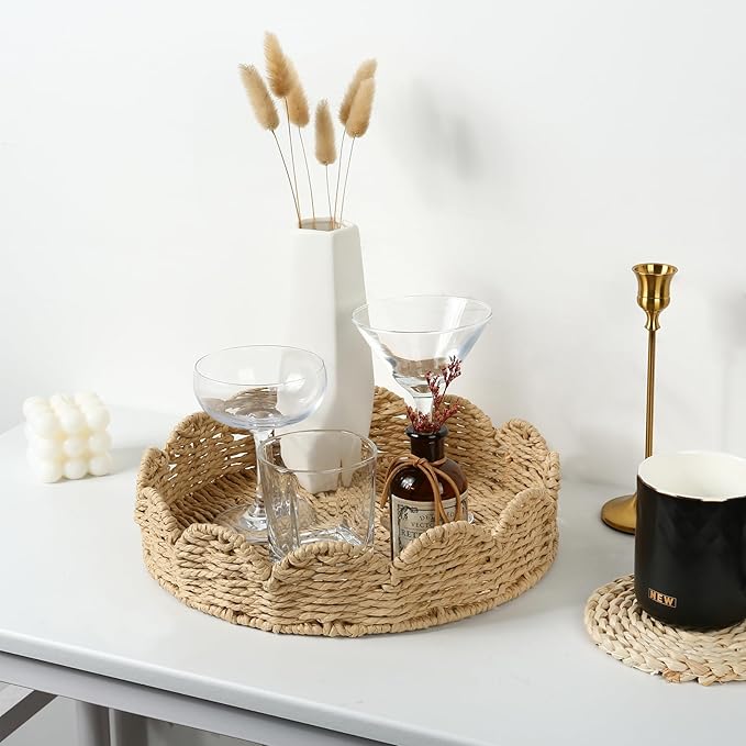 Scalloped Basket Set of 2 - Round Rattan Tray, Wicker Serving Tray, Round Woven Tray for Home Decor, Scallop Basket Table Trays for Decor, Water Hyacinth Woven Rattan Baskets for Organizing
