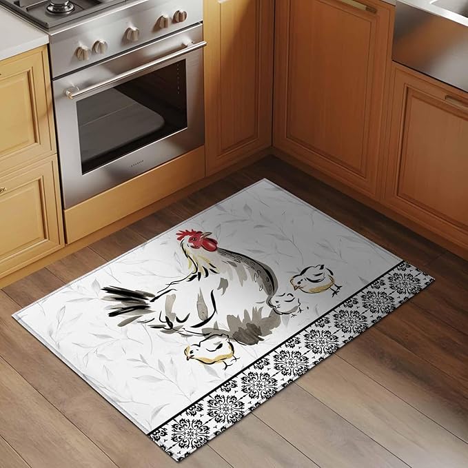 Area Rug 2x3ft, Country Farmhouse Rooster Washable Rugs for Living Room Bedroom, Watercolor Animal Flower Pattern Soft Non-Slip Area Rugs Rectangle Floor Carpet for Dining Room