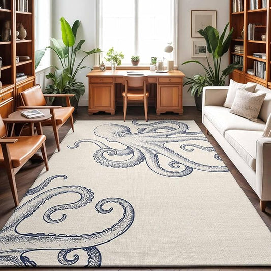 Area Rug 3x5ft, Marine Octopus Sea Monster Washable Rugs for Living Room Bedroom, Farmhouse Ocean Life on Linen Soft Non-Slip Area Rugs Rectangle Floor Carpet for Dining Room