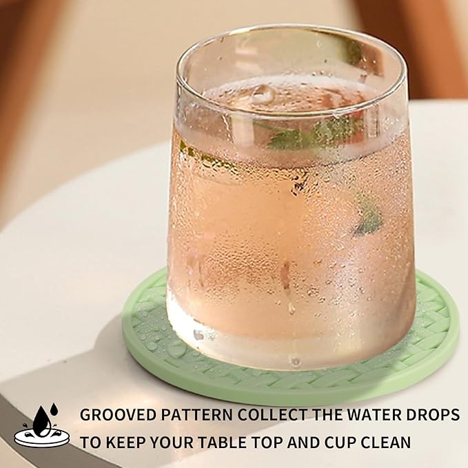 Green Silicone Drink Coasters Set of 6 with Holder, 4 Inch Round Non-Slip Heat-Resistant & Waterproof Cup Mats, Decorative Coasters for Coffee Table, Home, Kitchen, Office, Bar & Desk