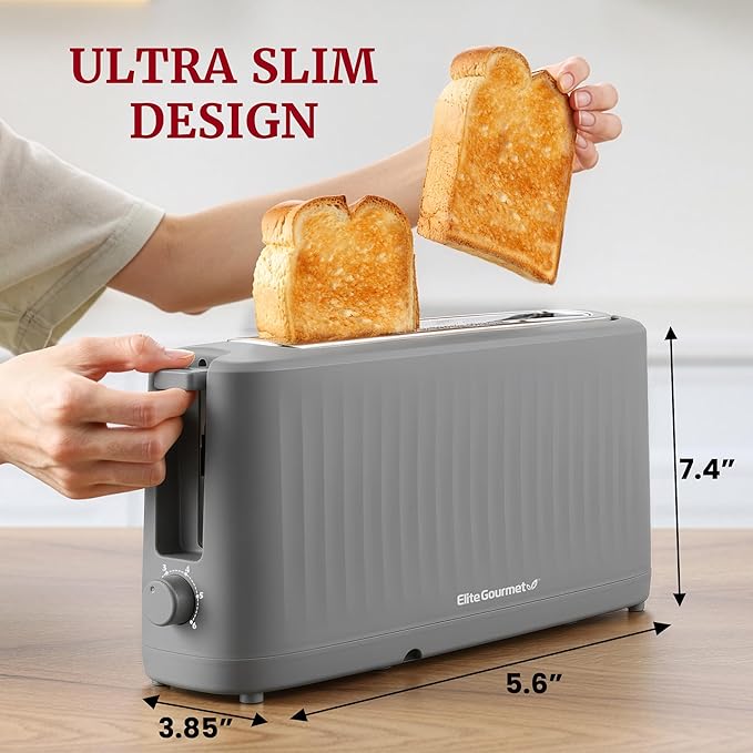 Elite Gourmet ECT2517G SLIMTOAST™ 2-Slice Long Slot Toaster, Cool-Touch Body, 6 Browning Shades, Extra-Wide 1.5" Slot for Artisan Bread, Bagels, Waffles & English Muffins, Grey