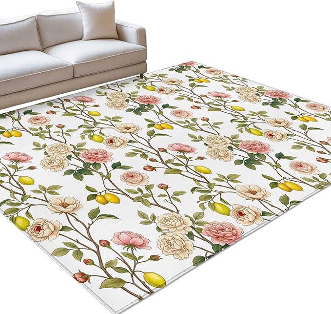 Area Rug 8x10ft, Country Blossom Flower Plant Washable Rugs for Living Room Bedroom, Summer Lemon Leaf Seamless Soft Non-Slip Area Rugs Rectangle Floor Carpet for Dining Room