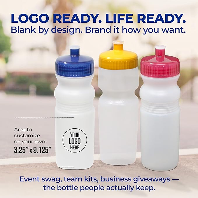 Rolling Sands Reusable Bulk Water Bottles 24 Pack - 20 Oz Sports Water Bottles, USA Made, BPA-Free, Wide Mouth for Easy Cleaning, Dishwasher Safe, Break Resistant - White Bottle/Orange Lid