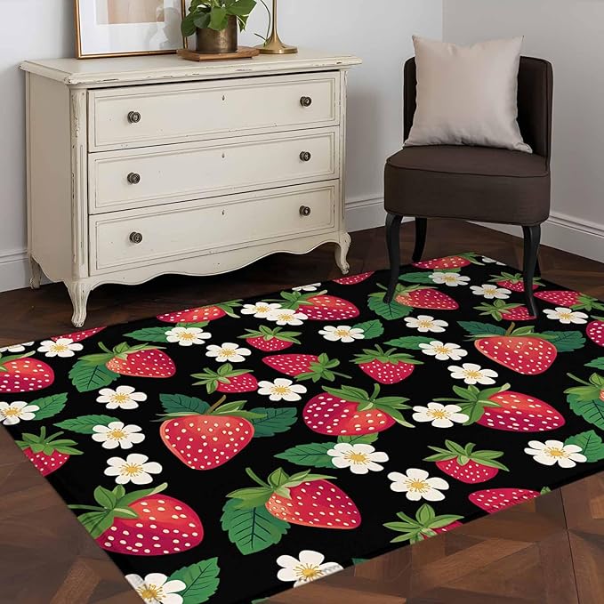 Area Rug 3x5ft, Red Strawberry Litter Flower Leaves on Black Washable Rugs for Living Room Bedroom, Summer Fruit Soft Non-Slip Area Rugs Rectangle Floor Carpet for Dining Room