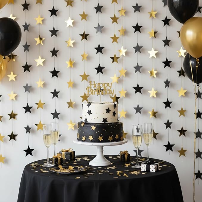Patelai 130 Feet Glitter Star Garland Banner 2026 Party Decoration Double Side Star Hanging String Streamer Paper Twinkle for Graduation Wedding Birthday (Gold and Black)