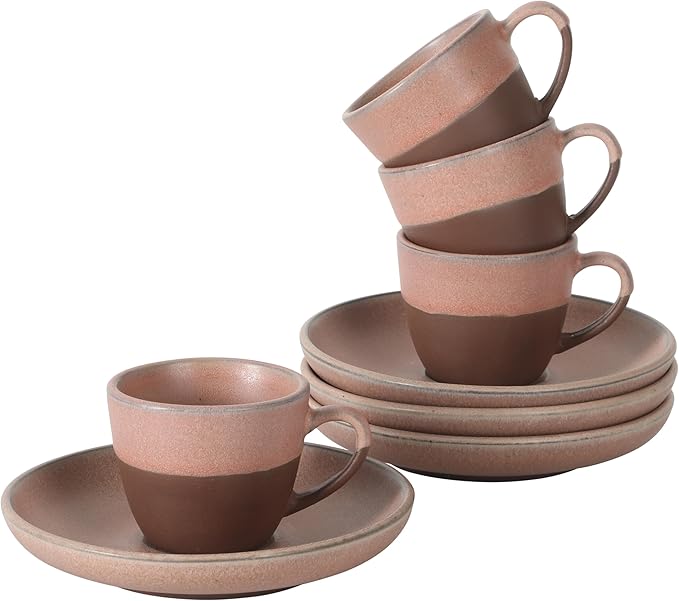 Gibson Elite William Crest 8 Piece Cup & Saucer Set, 4 Stoneware Cups & 4 Saucers, Reactive Glaze Finish, 3.5oz Espresso Cups, 5.5” Saucers, Round Coffee Set, Microwave & Dishwasher Safe - Pink