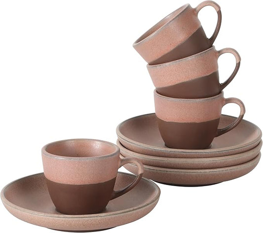 Gibson Elite William Crest 8 Piece Cup & Saucer Set, 4 Stoneware Cups & 4 Saucers, Reactive Glaze Finish, 3.5oz Espresso Cups, 5.5” Saucers, Round Coffee Set, Microwave & Dishwasher Safe - Pink