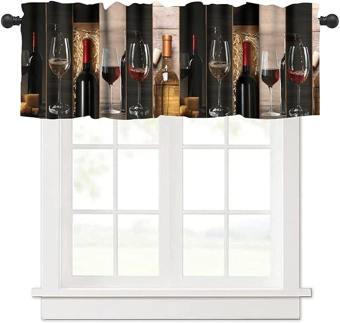 Red Wine Kitchen Valance, Wine Bottle Glass Collage Cheese Winery Short Window Drapes for Dining Room Resturant Pub Bars Decor, 54x18Inch