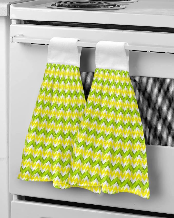 Alandar Home Kitchen Tie Towel Set of 1, Modern Chevron Striped Geometric Art Absorbent Soft Hand Towels for Bathroom Hanging Towels, Yellow Green Fast Drying Cleaning Cloth with Loop