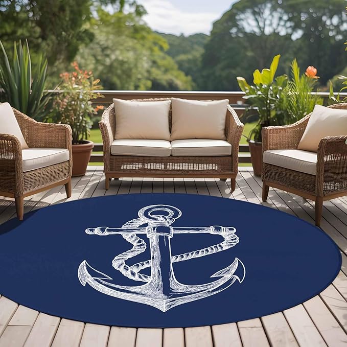 Washable Round Area Rug Marine Theme Anchor String Sketch Circle Rugs Floor Carpet for Living Room Bedroom, Watercolor Nautical Theme Soft Non Slip Round Rug 5ft
