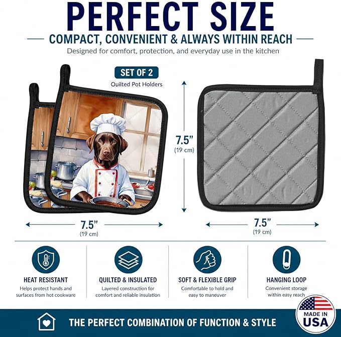 Caroline's Treasures Chocolate Labrador Retriever The Chef Pair of Pot Holders Kitchen Heat Resistant Pot Holders Sets Oven Hot Pads for Cooking Baking BBQ, 7 1/2 x 7 1/2