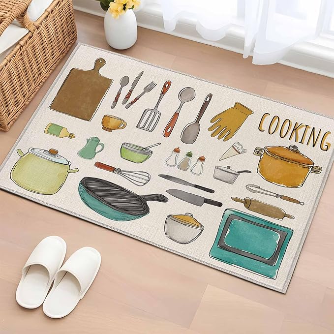 Cooking Kitchenware Kitchen Tool Pattern Rectangle Rugs 2x3ft for Living Room Washable Circle Rug Non-Slip Carpet Soft Mat for Bedroom Dining Room Bathroom Home Holiday Decorations Indoor