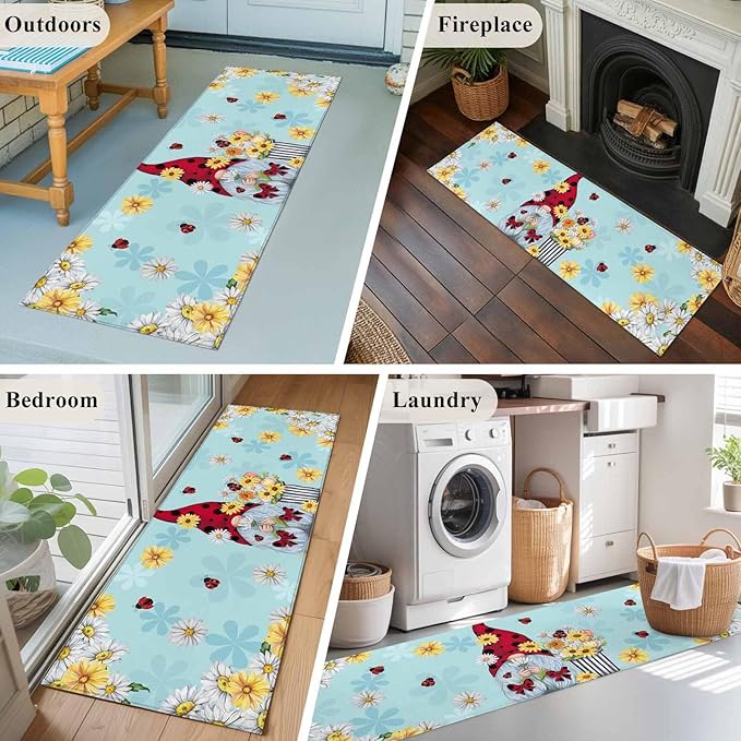 Runner Rug for Bedroom Hallway, Summer Ladybug Gnome Daisy Flower Kitchen Runner Rugs Area Rug 2x6ft, Watercolor Bloom Floral on Blue Washable Soft Floor Carpet for Entryway Stair