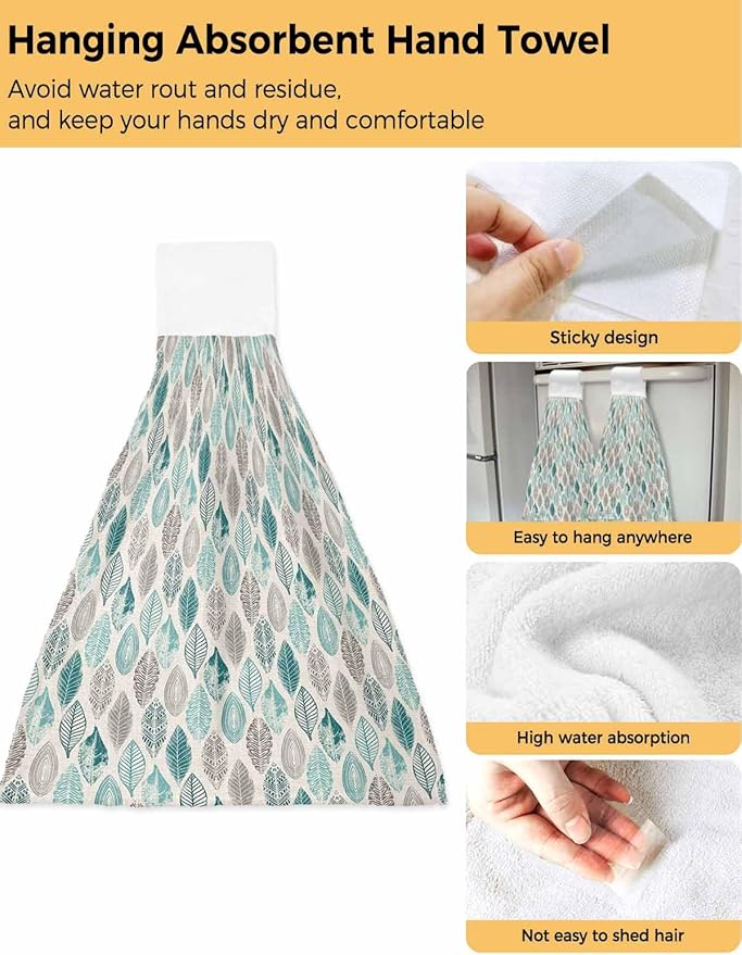 Alandar Home Kitchen Tie Towel Set of 1, Teal Leaf Gray Gradient Leaves Absorbent Soft Hand Towels for Bathroom Hanging Towels, Farm Plant Vintage Linen Fast Drying Cleaning Cloth with Loop