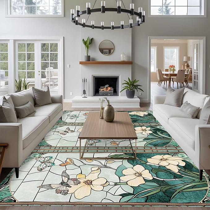 Area Rug 6x9ft, Spring Flower Colorful Butterfly Washable Rugs for Living Room Bedroom, Vintage Green Plant Soft Non-Slip Area Rugs Rectangle Floor Carpet for Dining Room