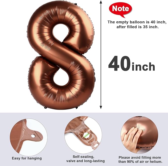 Number 8 Balloon, 40 Inch Giant Coffee Brown 8 18 28 80 Birthday Balloons for Women Girls Men Boys, 8th Birthday Decorations Party Supplies, Wedding Anniversary, Graduations