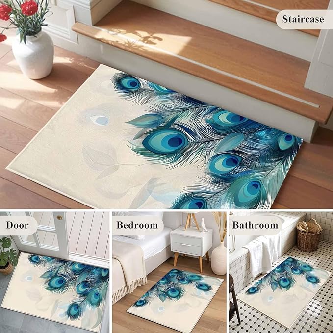 Area Rug 2x3ft, Abstract Animal Art Peacock Feather Washable Rugs for Living Room Bedroom, Watercolor Blue Eyes Beige Soft Non-Slip Area Rugs Rectangle Floor Carpet for Dining Room