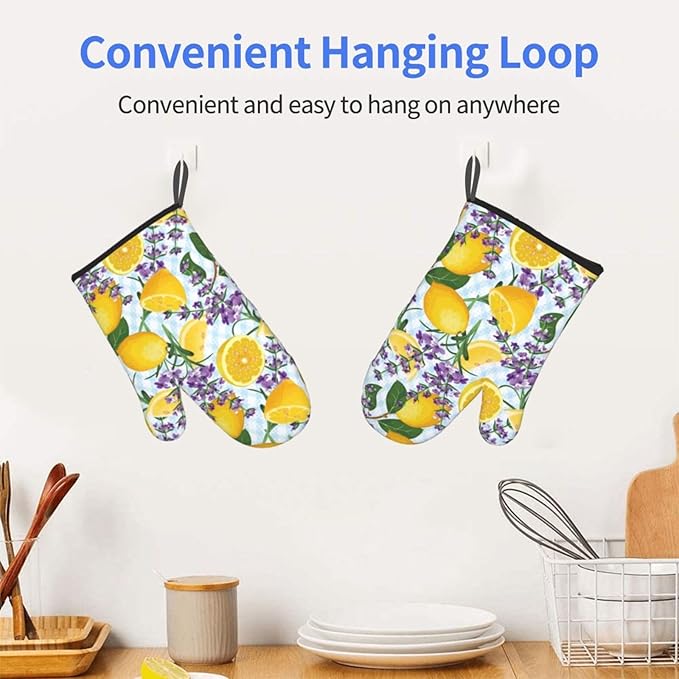 Lemon Lavender Oven Mitts of 2-Pack Set, Funny Kitchen Gloves Heat Resistant Non-Slip Kitchen Mitts Safe Cooking Baking Grilling