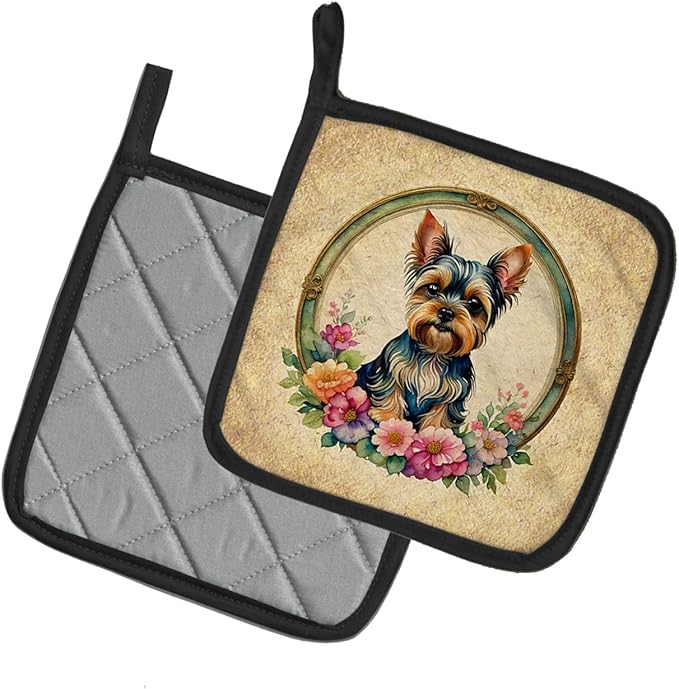 Caroline's Treasures Yorkshire Terrier and Flowers Pair of Pot Holders Kitchen Heat Resistant Pot Holders Sets Oven Hot Pads for Cooking Baking BBQ, 7 1/2 x 7 1/2