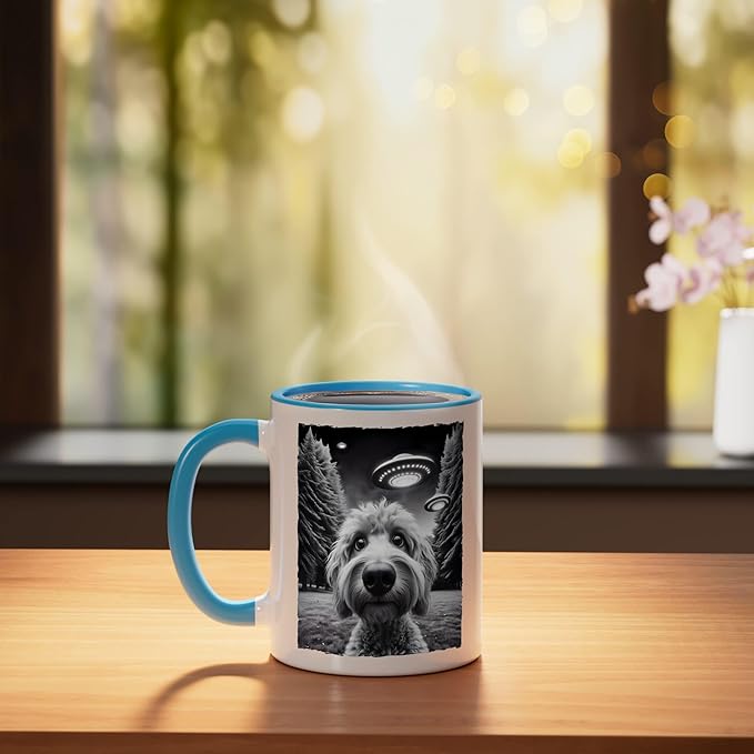 Funny Golden Doodle Selfie UFO Encounters for Dog Lovers Ceramic Mug, Blue/White