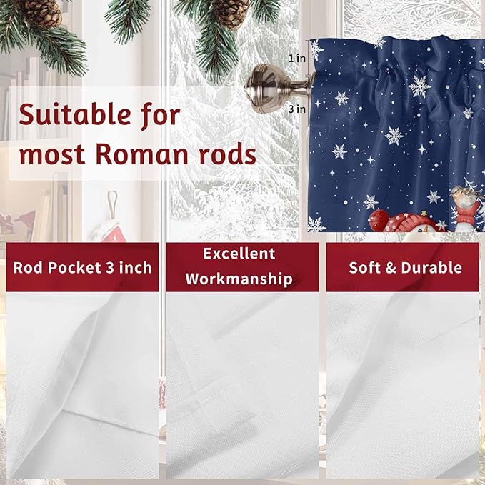 Christmas Snowman Swag Valance Curains Winter Xmas Tree Snowflakes Deep Blue Bottom Rod Pocket Kitchen Curtains Scalloped Window Treatment Valances Swag for Living Room Bedroom, 1 Pair, 36"W x 45"L