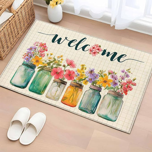 Area Rug 2x3ft, Summer Pastoral Flower Buffalo Plaid Washable Rugs for Living Room Bedroom, Rustic Blossom Floral Soft Non-Slip Area Rugs Rectangle Floor Carpet for Dining Room