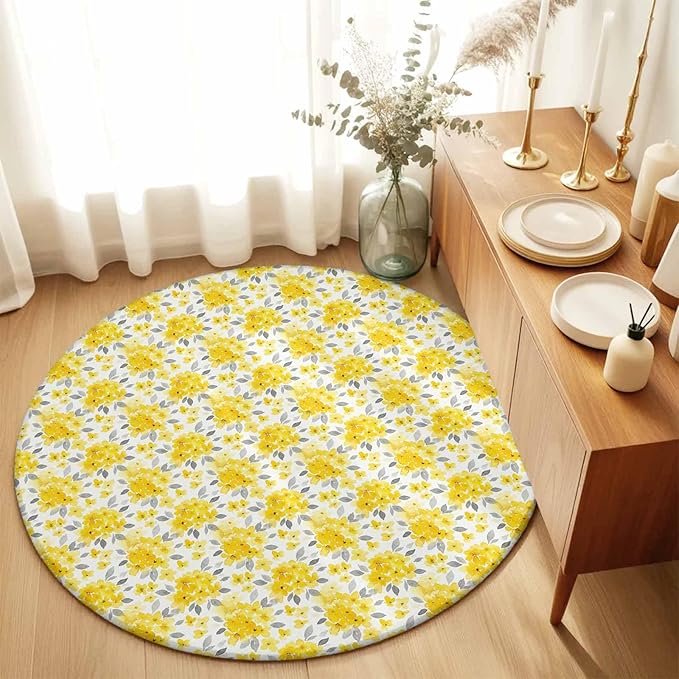 Washable Round Area Rug Summer Pastoral Yellow Flower Circle Rugs Floor Carpet for Living Room Bedroom, Country Floral Leaf Theme Soft Non Slip Round Rug 5ft