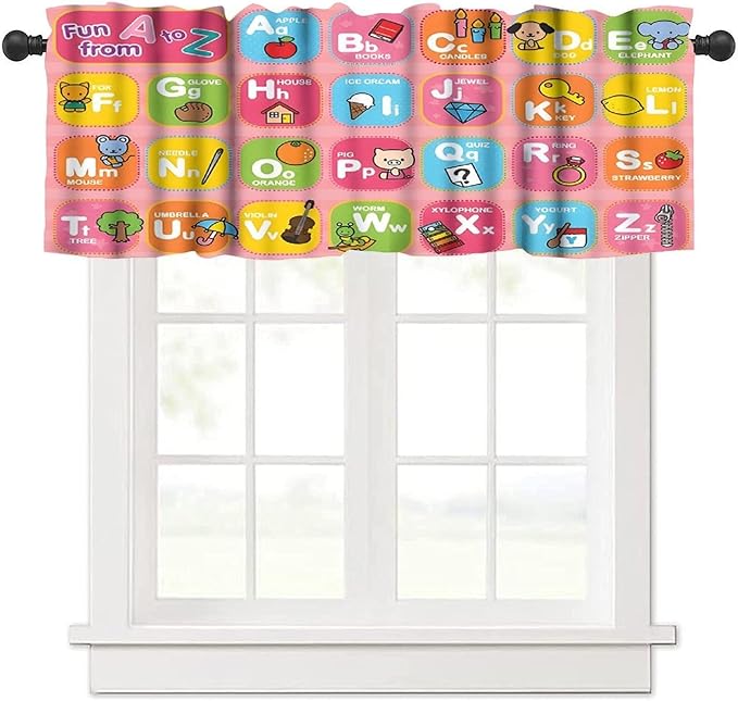 ABC Valance Curtain, Cute Pink Educational Alphabet A to Z Kids Boys Girls Window Treatment for Kitchen Bedroom Nursery Classroom, 54x18Inch