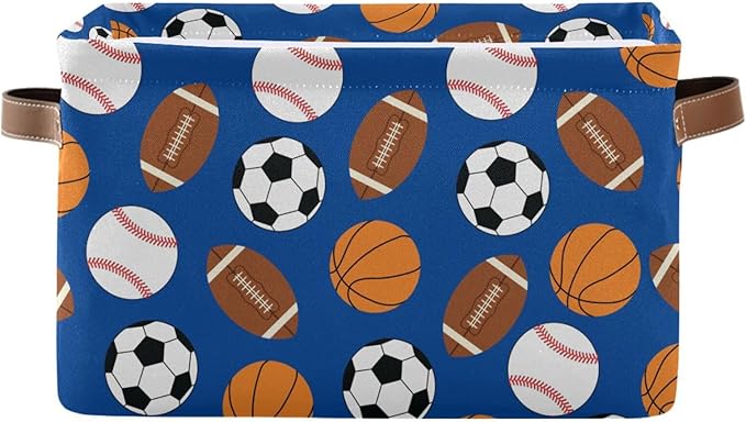 DOMIKING Rectangular Storage Bin Football Baseball Sports Print Storage Baskets with Handles Toy Bins Shelf Basket for Nursery Room Kids Pets Toy Closet