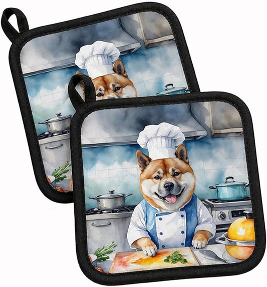 Caroline's Treasures Akita The Chef Pair of Pot Holders Kitchen Heat Resistant Pot Holders Sets Oven Hot Pads for Cooking Baking BBQ, 7 1/2 x 7 1/2