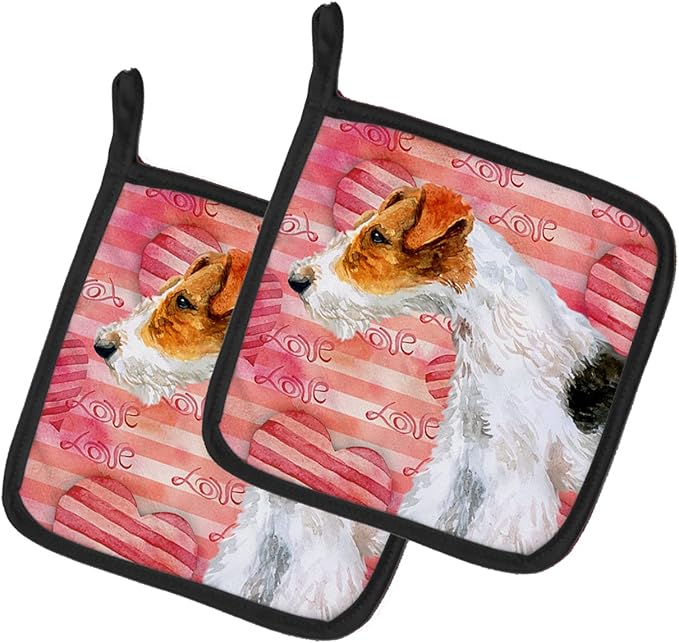 Caroline's Treasures BB9737PTHD Fox Terrier Love Pair of Pot Holders, Red Kitchen Heat Resistant Pot Holders Sets Oven Hot Pads for Cooking Baking BBQ, 7 1/2 x 7 1/2