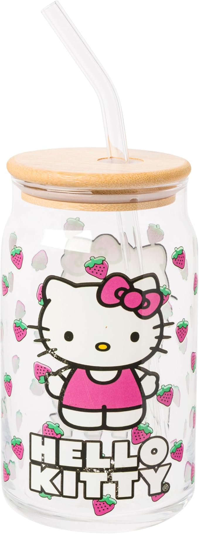 Silver Buffalo Sanrio Hello Kitty Strawberry Glass Jar Tumbler with Bamboo Lid and Glass Straw,16 Ounces,(Pack of 12)