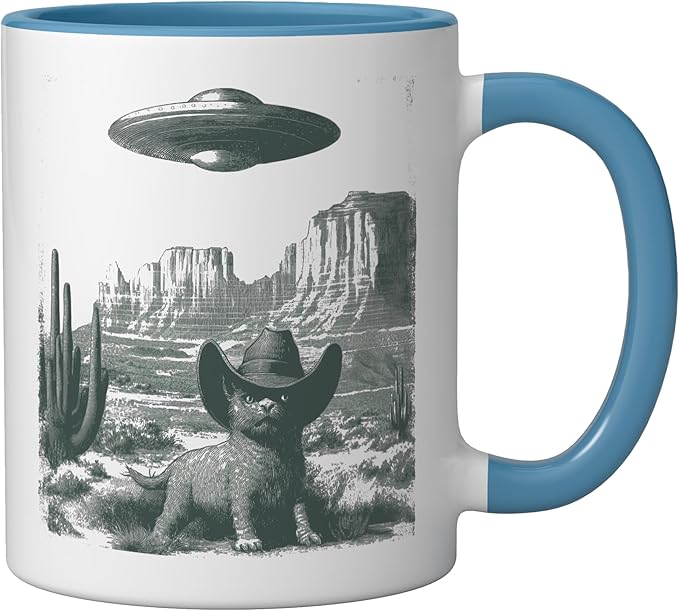 Desert Cat in Hat UFO Encounter Vintage Engraving Ceramic Mug, Blue/White