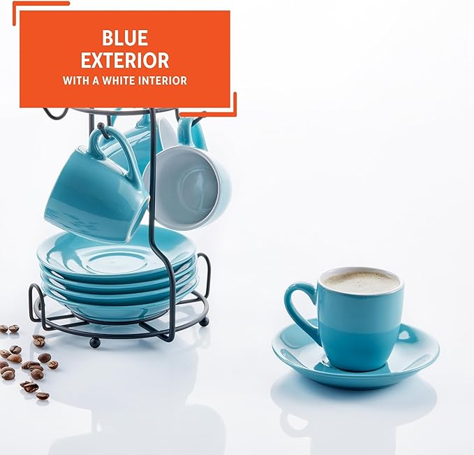 IMUSA USA 8pc 3oz Blue and White Espresso Cups & Saucers Set w/Storing Rack, 8pc, Teal