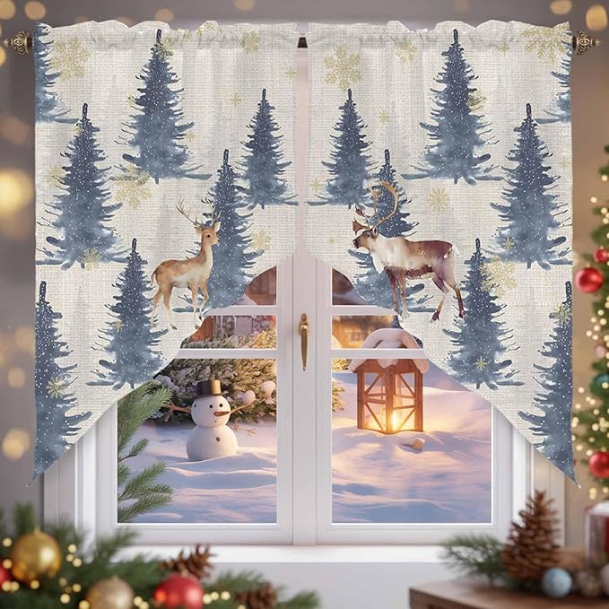 Christmas Deer Swag Valance Curains Elk in Forest Blue Trees Snowflake Linen Sole Rod Pocket Kitchen Curtains Scalloped Window Treatment Valances Swag for Living Room Bedroom, 1 Pair, 36"W x 45"L