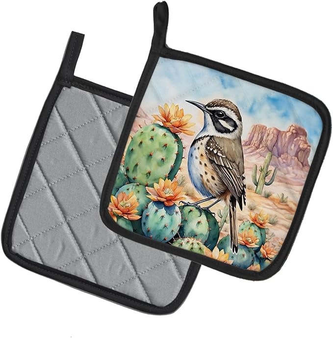 Caroline's Treasures Arizona Cactus Wren Pair of Pot Holders Kitchen Heat Resistant Pot Holders Sets Oven Hot Pads for Cooking Baking BBQ, 7 1/2 x 7 1/2