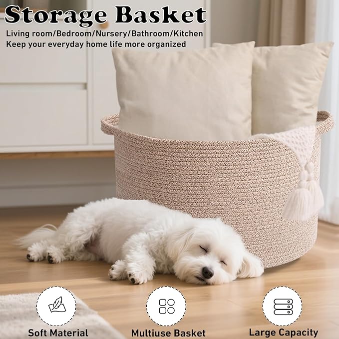 65L Large Blanket Basket,Woven Rope Laundry Basket Hamper with Handles,Decorative Nursery Basket Storage Bin for Toys, Pillows , Clothes Organizer, Living Room, Bedroom, Bathroom, Brown