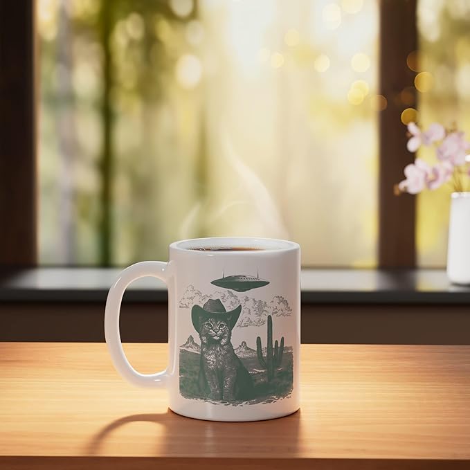Feline in Hat UFO Sighting Arid Wilderness Cat Design Ceramic Mug, White