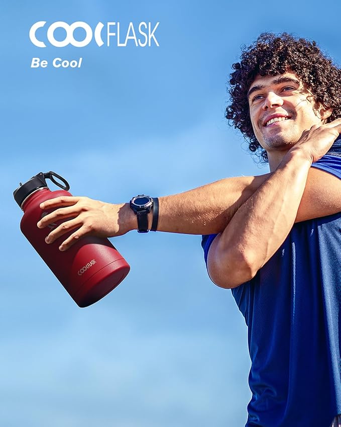 Coolflask Half Gallon Water Bottle Insulated with Straw & 3 Lids, 64 oz Water Jug Large Metal Stainless Steel Wide Mouth for Sports, Gym or Office, Non-BPA Keep Cold 48H Hot 24H, Red