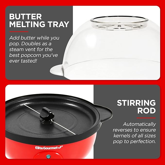 Elite Gourmet EPM330R Automatic Stirring Ceramic Nonstick 12-cup Popcorn Maker, Hot Oil Popcorn Machine w/Measuring Cap & Built-in Reversible Serving Bowl, Great for Home Party, ETL Approved, Red