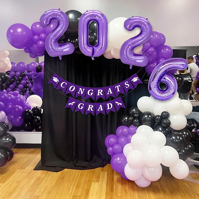 Graduation Decorations Class of 2026: Purple and Black Graduation Balloon Arch Garland Kit and Purple Confetti Balloons Congrats Grad Banner 2026 Foil Balloon Decorations For Grad Party