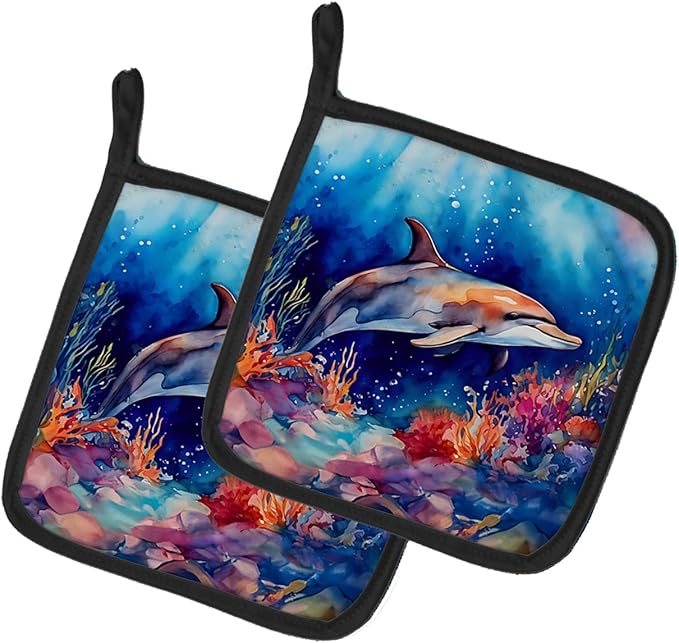 Caroline's Treasures Dolphin Pair of Pot Holders Kitchen Heat Resistant Pot Holders Sets Oven Hot Pads for Cooking Baking BBQ, 7 1/2 x 7 1/2