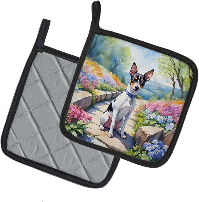 Caroline's Treasures Rat Terrier Spring Path Pair of Pot Holders Kitchen Heat Resistant Pot Holders Sets Oven Hot Pads for Cooking Baking BBQ, 7 1/2 x 7 1/2